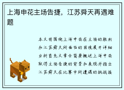 上海申花主场告捷，江苏舜天再遇难题