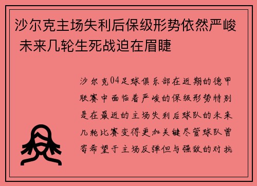 沙尔克主场失利后保级形势依然严峻 未来几轮生死战迫在眉睫