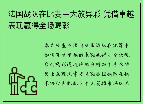 法国战队在比赛中大放异彩 凭借卓越表现赢得全场喝彩