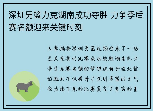 深圳男篮力克湖南成功夺胜 力争季后赛名额迎来关键时刻