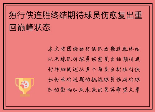 独行侠连胜终结期待球员伤愈复出重回巅峰状态