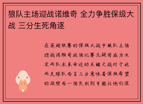 狼队主场迎战诺维奇 全力争胜保级大战 三分生死角逐