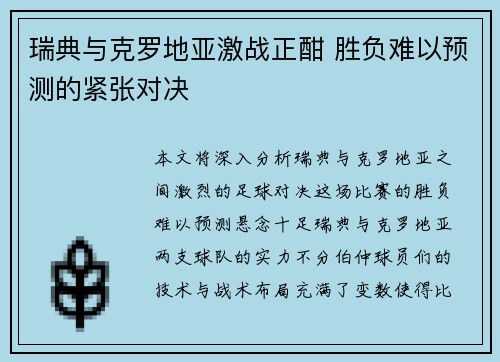 瑞典与克罗地亚激战正酣 胜负难以预测的紧张对决