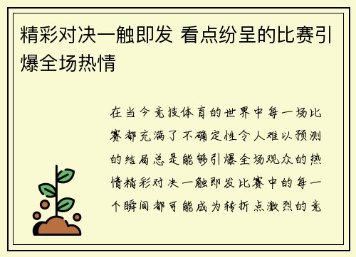 精彩对决一触即发 看点纷呈的比赛引爆全场热情