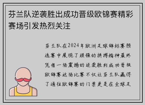 芬兰队逆袭胜出成功晋级欧锦赛精彩赛场引发热烈关注