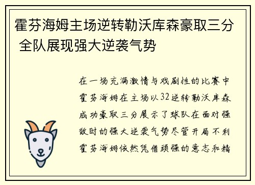 霍芬海姆主场逆转勒沃库森豪取三分 全队展现强大逆袭气势